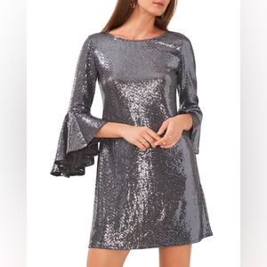 Vince Camuto Women’s Metallic Flounced Sleeve‎ Dress Silver Metallic Shimmer NEW